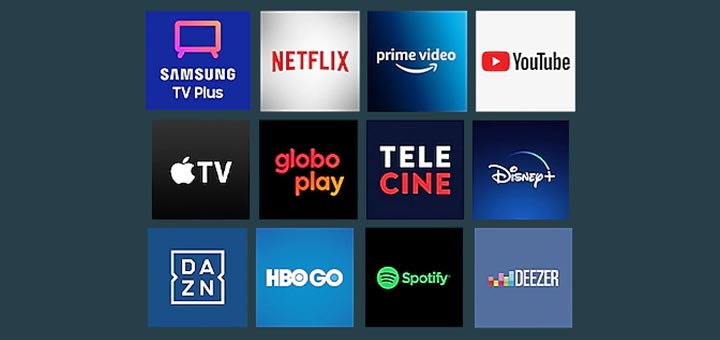 Samsung Crystal UHD AU7700GXZD servicos de streaming Samsung TV Plus Netflix Amazon Primevideo Globoplay e muito mais